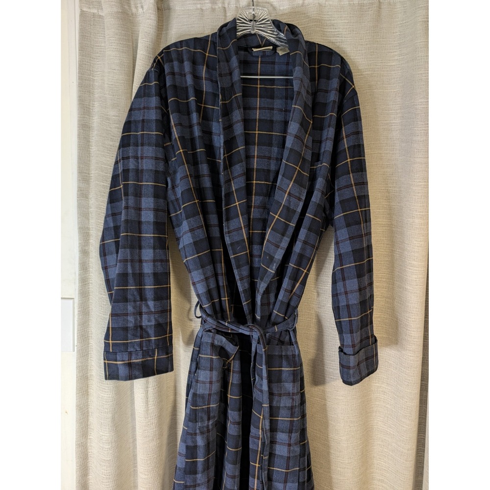 LL Bean Men's Flannel Robe.Size M Plaid Belted Collared 100% Cotton Blue